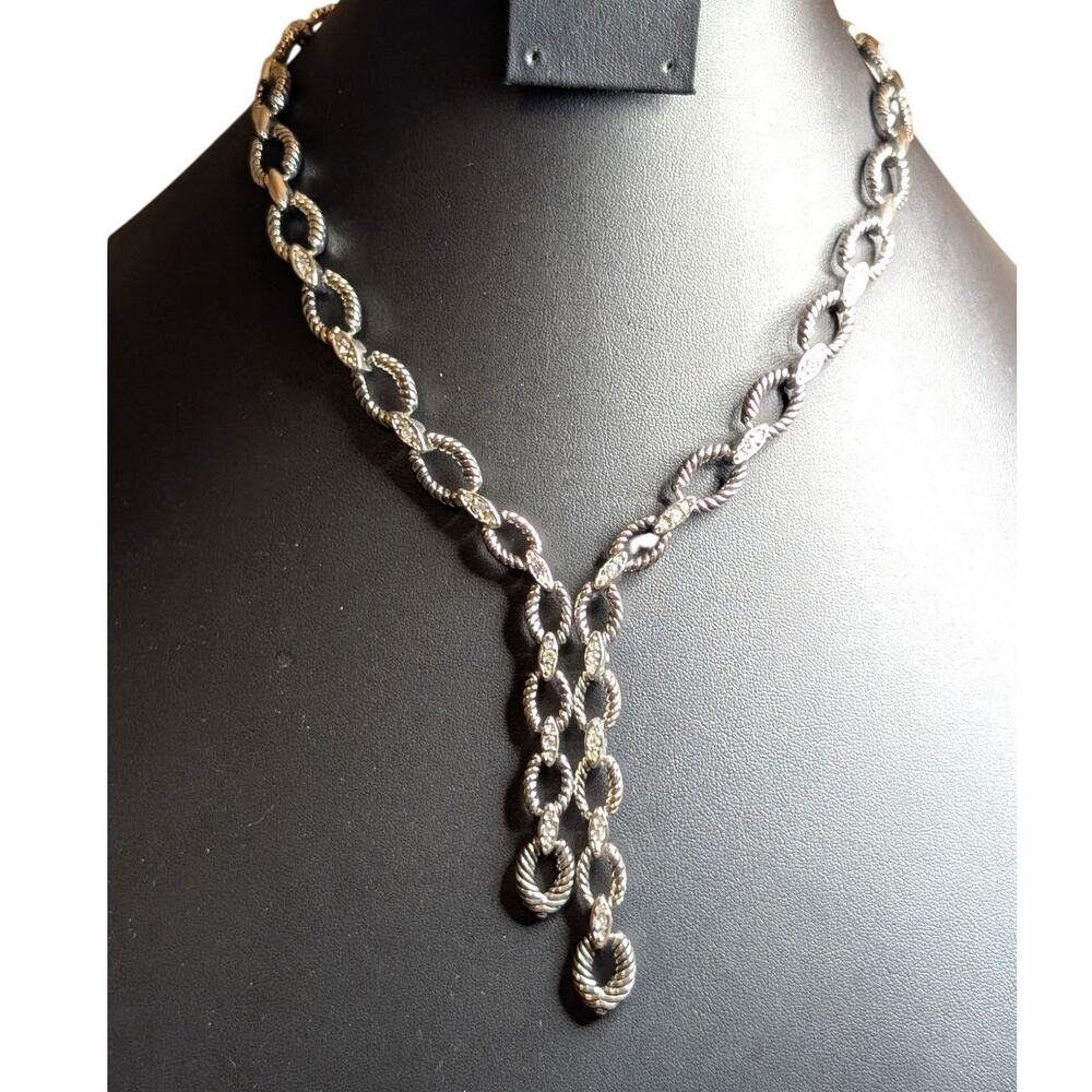 Silver Tone Textured Oval Link CZ Side by Side Y Dangle Fold Over Clasp Necklace